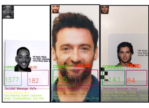 Samples of CodeFace deployed on printed test ID cards, with correct/false frame counts