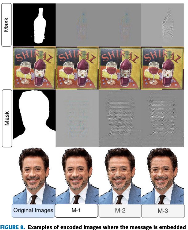 Encoded images with spatial masking, embedding the message only within the masked object or face region